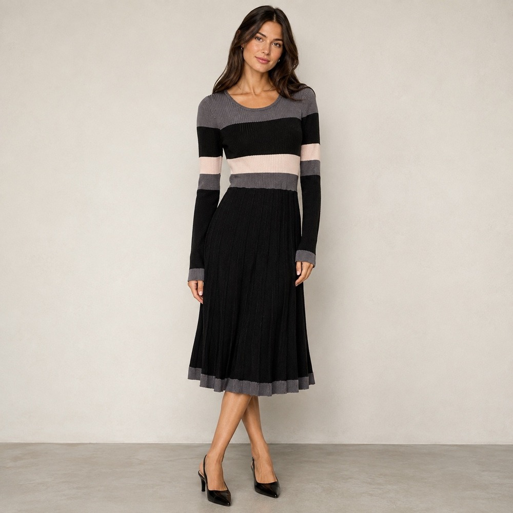 Cato Striped Knit Sweater Dress Ribbed Midi Black Grey Pink Long Sleeve Size S